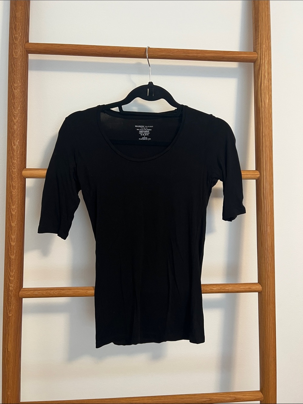 Majestic Filatures Paris Black Soft Touch Scoop Neck Elbow Sleeve Top Size 1 S